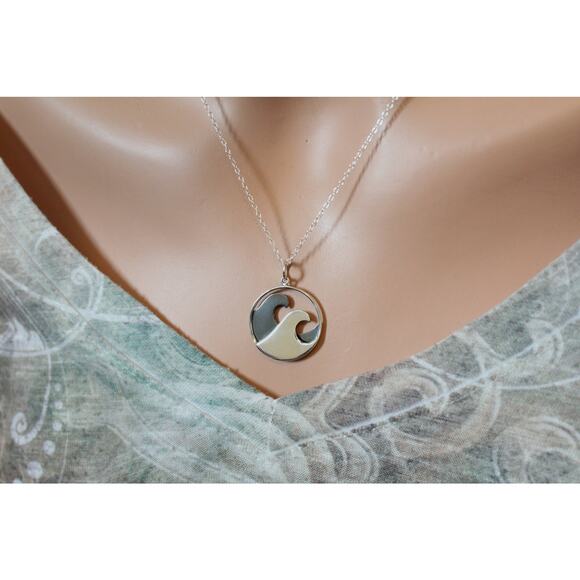 Sterling Silver Double Wave Charm Necklace, Large Ocean Wave Pendant Necklace - Picture 2 of 3